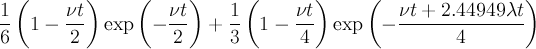 \frac{1}{6}\left(1-\frac{\nu t}{2}\right)\exp\left(-\frac{\nu t}{2}\right)+\frac{1}{3}\left(1-\frac{\nu t}{4}\right)\exp\left(-\frac{\nu t + 2.44949\lambda t}{4}\right)