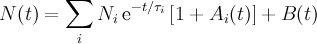 N(t) = \sum_i N_i\,\mathrm{e}^{-t/\tau_i} \left[ 1 + A_i(t)\right] + B(t)