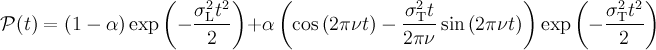 \mathcal{P}(t) = \left(1-\alpha\right)\exp\left(-\frac{\sigma_{\mathrm{L}}^2t^2}{2}\right)+\alpha\left(\cos\left(2\pi\nu t\right)-\frac{\sigma_{\mathrm{T}}^2t}{2\pi\nu}\sin\left(2\pi\nu t\right)\right)\exp\left(-\frac{\sigma_{\mathrm{T}}^2t^2}{2}\right)