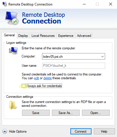 Remote Desktop Connection tool with options