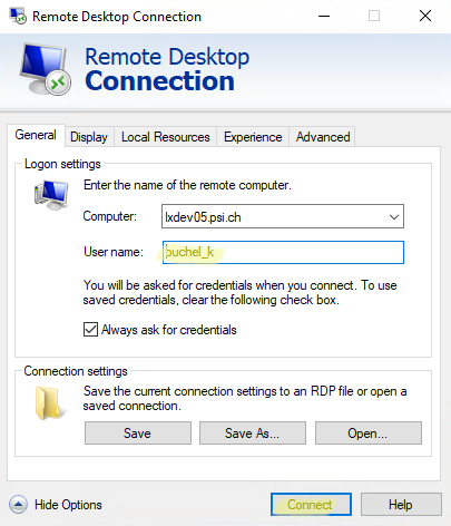 Remote Desktop Connection tool with proper user name