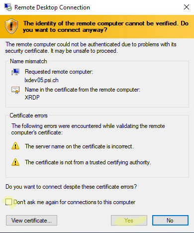 Remote Desktop Connection tool certificate warning